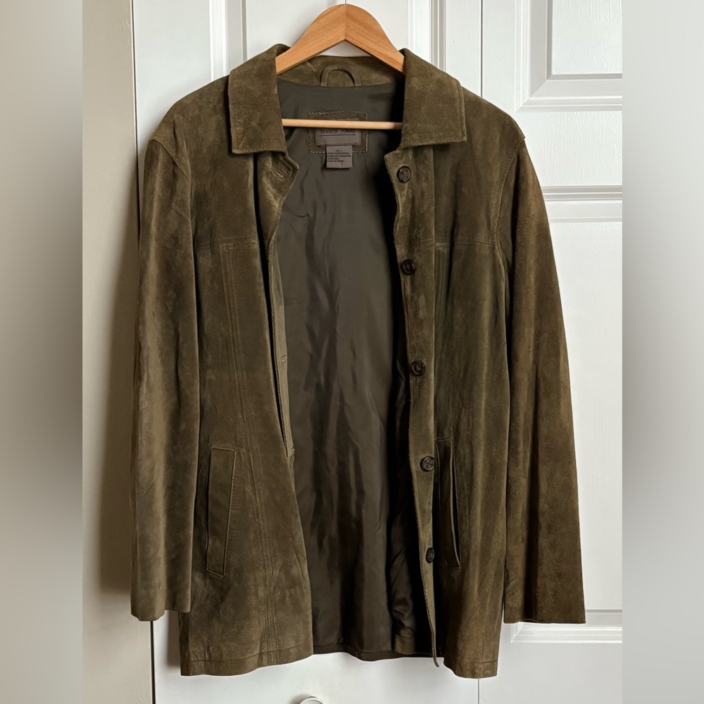 Brandon Thomas / Men's Olive Green Suede Trench Coat / L